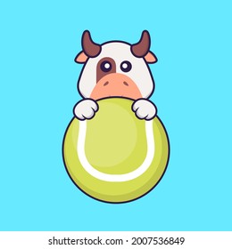 Cute cow playing tennis. Animal cartoon concept isolated. Can used for t-shirt, greeting card, invitation card or mascot.