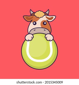 Una vaca linda jugando al tenis. Ilustración vectorial