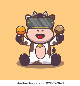Cute cow playing virtual reality game. Cute animal cartoon illustration. Flat isolated vector illustration for posters, brochures, web, mascots, stickers, logos and icons.