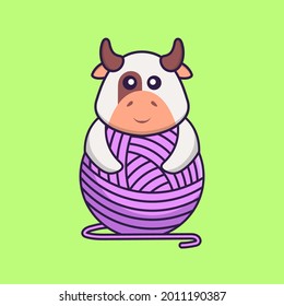 Cute cow playing with wool yarn. Animal cartoon concept isolated. Can used for t-shirt, greeting card, invitation card or mascot.