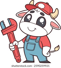 Cute Cow Plumber Cartoon Character Illustrations isolated on a White Background