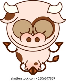 Cute cow with pointy ears, big horns, long tail, wide nose and a ring around the left eye smiling while showing a relaxed mood. It's seated performing a deep meditation