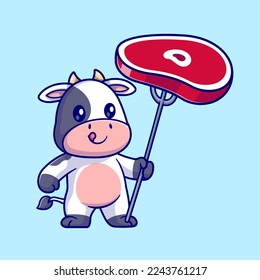 Cute Cow Poke Meat Steak With Fork Cartoon Vector Icon Illustration. Animal Food Icon Concept Isolated Premium Vector. Flat Cartoon Style