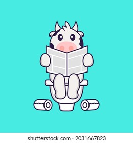 Cute cow Pooping On Toilet and read newspaper. Animal cartoon concept isolated. Can used for t-shirt, greeting card, invitation card or mascot.