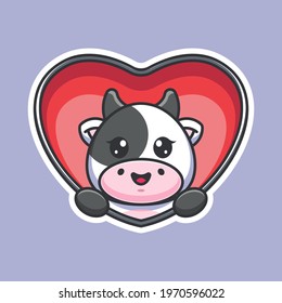 Cute cow popup from heart cartoon