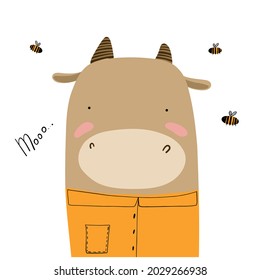 cute cow portrait, vector clipart, funny children's illustration with cartoon character