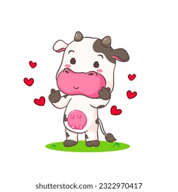 Cute cow pose love hand sign cartoon character. Adorable animal concept design. Isolated white background. Vector illustration