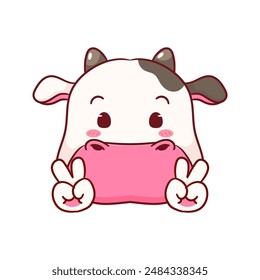 Cute cow Poses Peace Hand Sign Gesture Cartoon Character. Adorable and Kawaii Animal Icon Mascot Concept Design. Logo Vector Illustration. Isolated White Background.