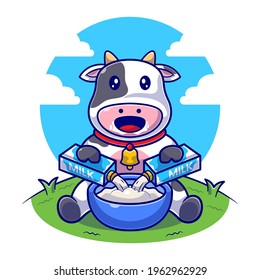 Cute cow pouring milk box in bowl flat vector illustration. Cow animal icon concept Flat cartoon style