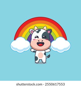 Cute cow with rainbow cartoon vector illustration. vector cartoon illustration suitable for poster, brochure, web, mascot, sticker, logo and icon.