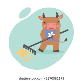 Cute cow with rakes. Animal with tool collects yellow leaves, farm character, countryside. Autumn and fall season. Gardening and farming, agriculture. Cartoon flat vector illustration