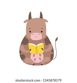Cute Cow Reading Book, Adorable Smart Animal Character Sitting with Book Vector Illustration