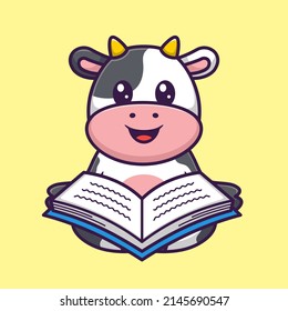 Cute Cow Reading Book in Cartoon. Animal Vector Illustration. Flat Style Concept.