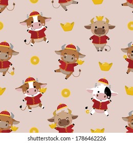 Cute cow in red costume and gold money seamless pattern. 2021 The year of the ox. Happy Chinese new year background. -Vector