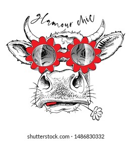 Cute cow in a red flowers sunglasses. Glamour chic - lettering quote. Humor card, t-shirt composition, hand drawn style print. Vector illustration.