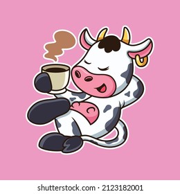 La vaca linda se relaja con la caricatura del café. Ilustración del icono del vector animal aislado en el vector premium