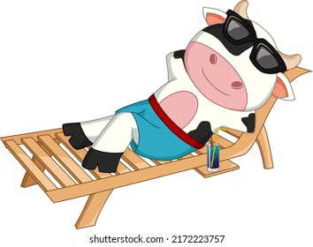 Cute cow relaxing on deck chair