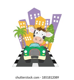 cute cow ride a car, simple vector illustration
