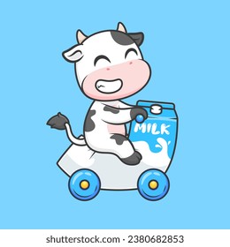 Cute Cow Riding Milk Motorcycle Toy Cartoon Vector Icon Illustration. Animal Transportation Icon Concept Isolated Premium Vector. Flat Cartoon Style