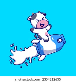 Cute Cow Riding Milk Rocket Cartoon Vector Icon Illustration. Animal Drink Icon Concept Isolated Premium Vector. Flat Cartoon Style