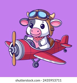 Cute cow riding a red airplane