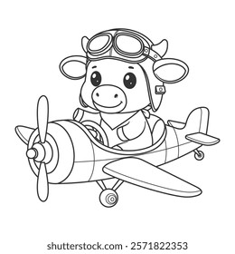 Cute cow riding a red airplane for coloring
