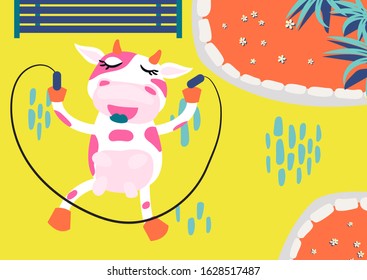 Cute cow rope jumping in an amusement park. Kids book illustration vector. Happy cartoon cow doing leisure sport activity.