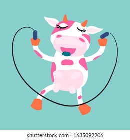 Cute cow rope jumping vector cartoon illustration. Mammal bull animal for teenager products.