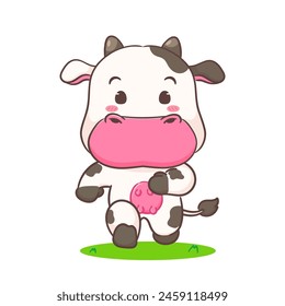 Cute Cow running cartoon character. Adorable kawaii animals concept design. Hand drawn style vector illustration. Isolated white background.