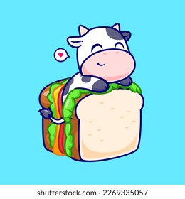 Cute Cow Sandwich Cartoon Vector Icon Illustration. Animal Food Icon Concept Isolated Premium Vector. Flat Cartoon Style