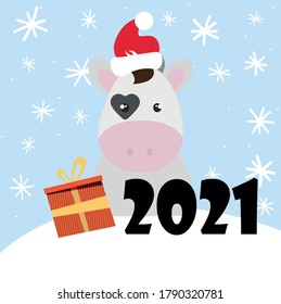 Cute cow, santa claus hat, vector illustration