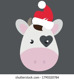 Cute cow, santa claus hat, vector illustration
