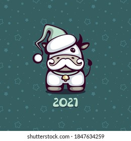 Cute cow with Santa hat and mustache. Vector Template for season greeting card and new year 2021 symbol.