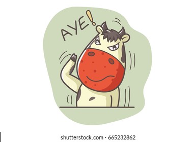 Cute Cow saying AYE. Vector illustration. Isolated on white background.