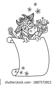 Cute cow with scroll sign template. Monochrome vector kawaii illustration with animal in tangle style and empty blank paper template. For print, design, T-shirt, logo, advertising, sale, celebration.
