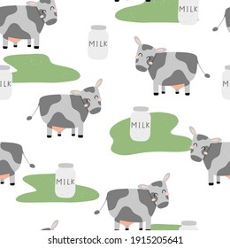 Cute cow seamless patter with animal character and milk bottle isolated on white background . Hand drawn childish vector illustration.