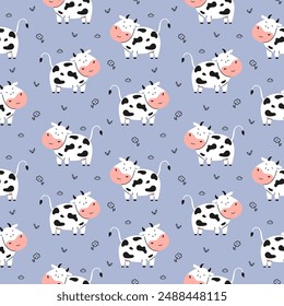 Cute cow seamless pattern with flower and leaf