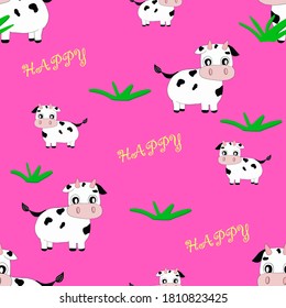 Cute cow seamless pattern with green grass formation and Happy text on bright pink background.