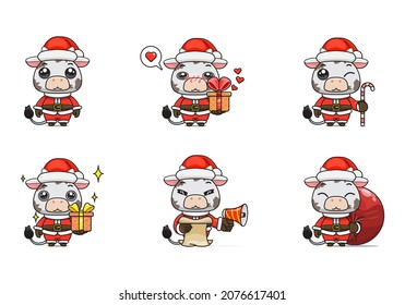 cute cow set, animal character bundles in santa costumes, animals wearing christmas costumes. cartoon in kawaii style, chibi mascot. very suitable for Christmas content. for adult or child