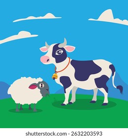 Cute Cow and Sheep illustration standing in green grass 
