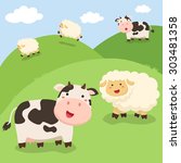 Cute Cow and Sheep Standing on Field. A group of cute cow and sheep in field background vector illustration