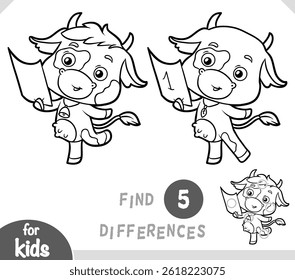 Vaca bonita e folha de papel. Encontre diferenças, educação jogo preto e branco para crianças