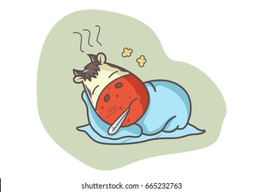 Cute Cow Sick. Vector Illustration. Isolated On White Background.