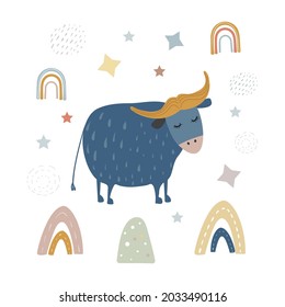 Rute Kuh in einfachem handgezeichnet Stil. Bull mit Sternen und Regenbogen einzeln auf weißem Hintergrund. Kinderzimmer. Vektorgrafik für Kinder.