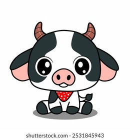 Cute cow sitting character in kawaii style vector illustration. Isolated on white background