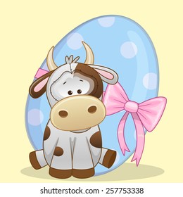 Cute Cow is sitting on the background of egg 