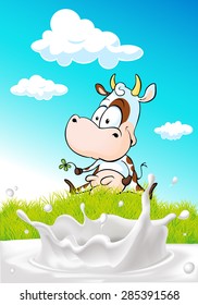 cute cow sitting on green grass with milk splash - vector illustration