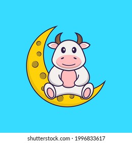 Cute cow is sitting on the moon. Animal cartoon concept isolated. Can used for t-shirt, greeting card, invitation card or mascot.