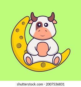 Cute cow is sitting on the moon. Animal cartoon concept isolated. Can used for t-shirt, greeting card, invitation card or mascot.