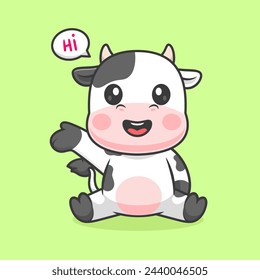 Cute Cow Sitting And Waving Hand Cartoon Vector Icon Illustration. Animal Nature Icon Concept Isolated Premium Vector. Flat Cartoon Style